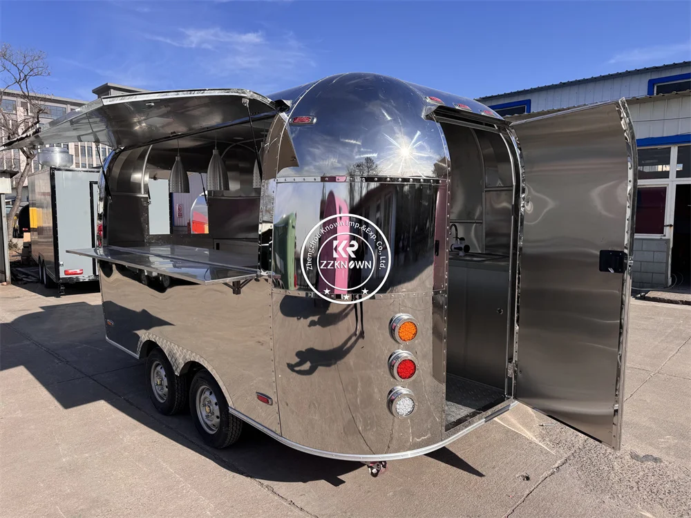 Street Food Trailer Hot Dog Cart Stainless Steel Airstream Fast Food Truck Mobile Kitchen Fully Equipped Ice Cream Kiosk