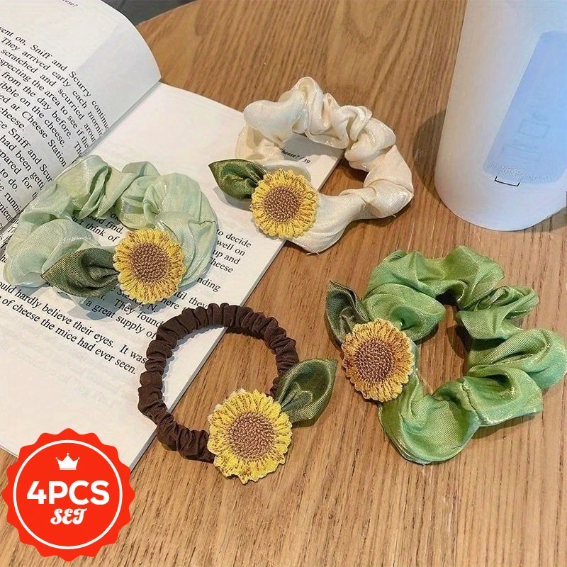 

4Pcs/set Glitter Hair Ties with Cute Flower - High Elastic Shiny Hair Bands for Women, Elegant Ponytail Hair Rope Holders
