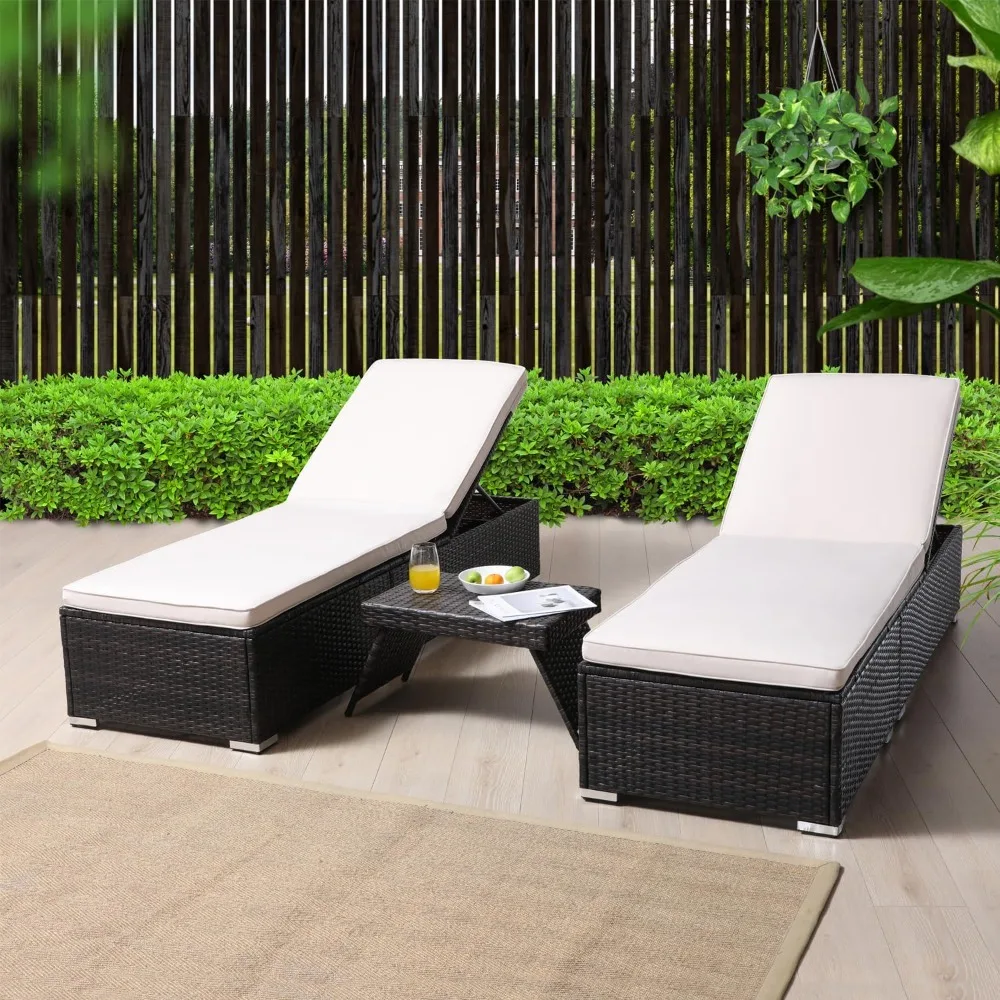 

Outside Patio Adjustable Chaise Lounge and Side Table, Outdoor Wicker Lounge Chairs with Coffee Table, Folding Chaise Lounger