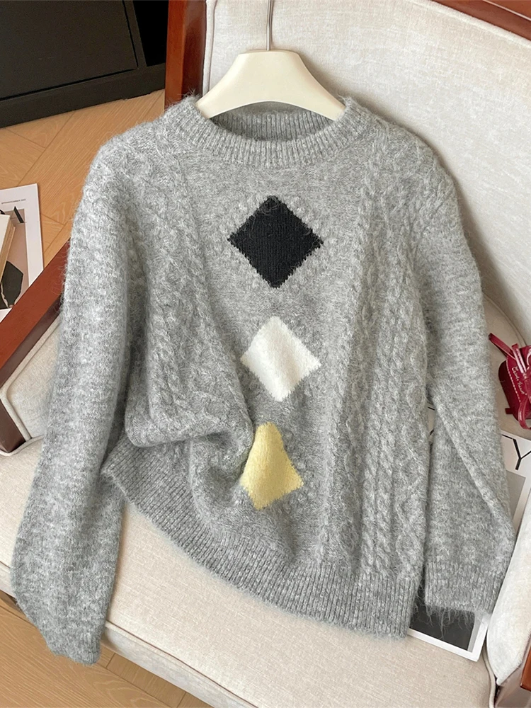 Women Beige Checked Pullover Sweater Harajuku Long Sleeves Cashmere Sweaters O-Neck Jumper 90s Vintage Y2k 2000s Clothes Autumn