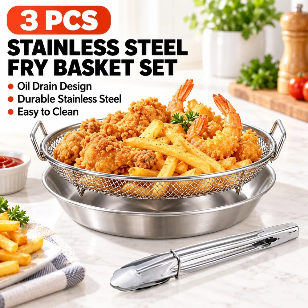 3pcs Stainless Steel Drain Basket Tray Food Tongs Durable Kitchen Tools Practical Items Utility Tool Kit Sets Pro Max Extra Sets