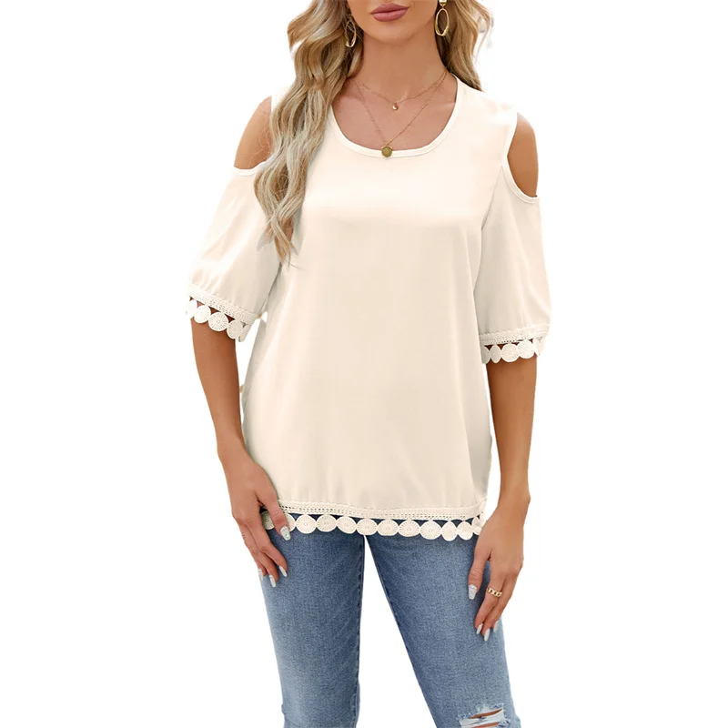 

Thorn Tree Women Summer Off Shoulder Hollow Out Tees Shirts Tops Short Sleeve Round Neck Solid Color T-Shirts Streetwear 2024