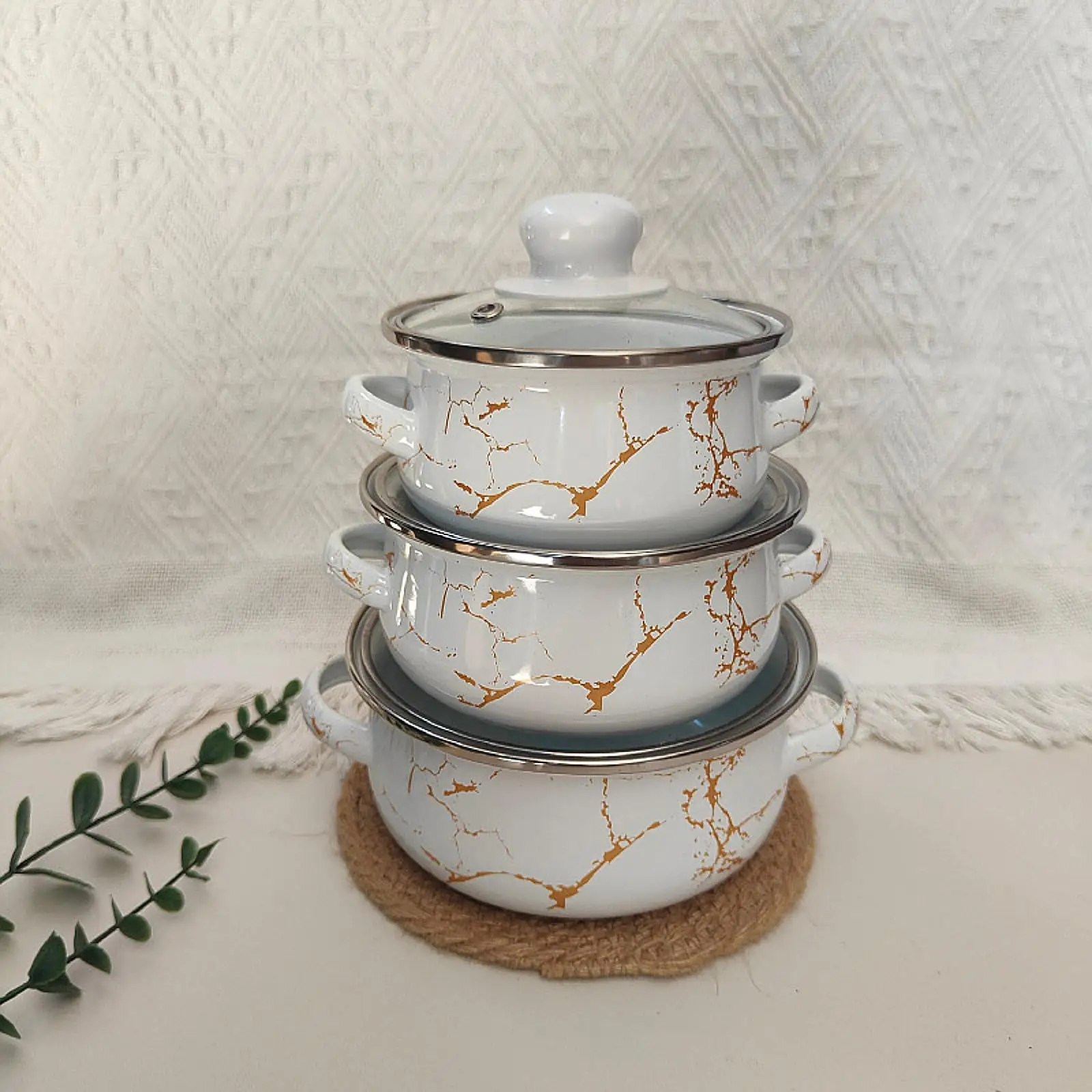 

3 Pieces Enamel Cookware Set Stew Pot for Kitchen Wedding Bridal Shower