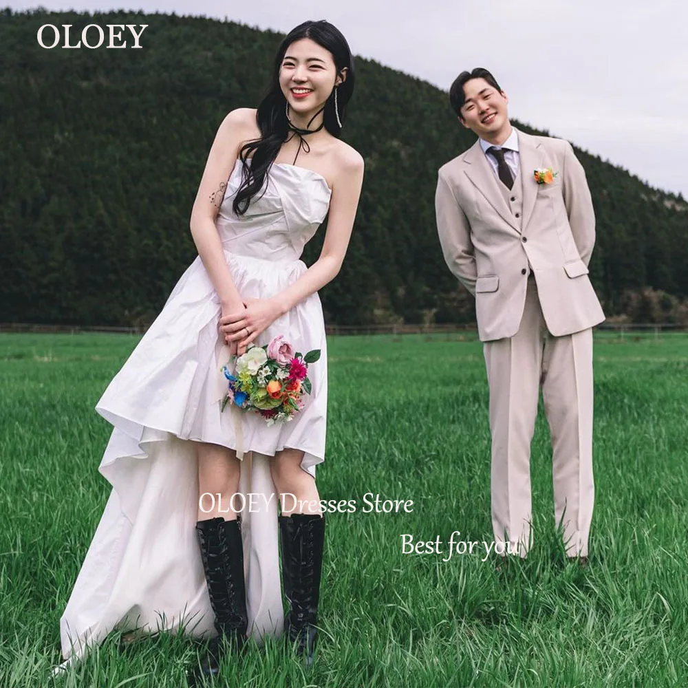 

OLOEY Korea Simple Hi-Lo Wedding Reception Dresses Photo Shoot Strapless Sweep Train Bridal Gown Custom Made Evening Dresses