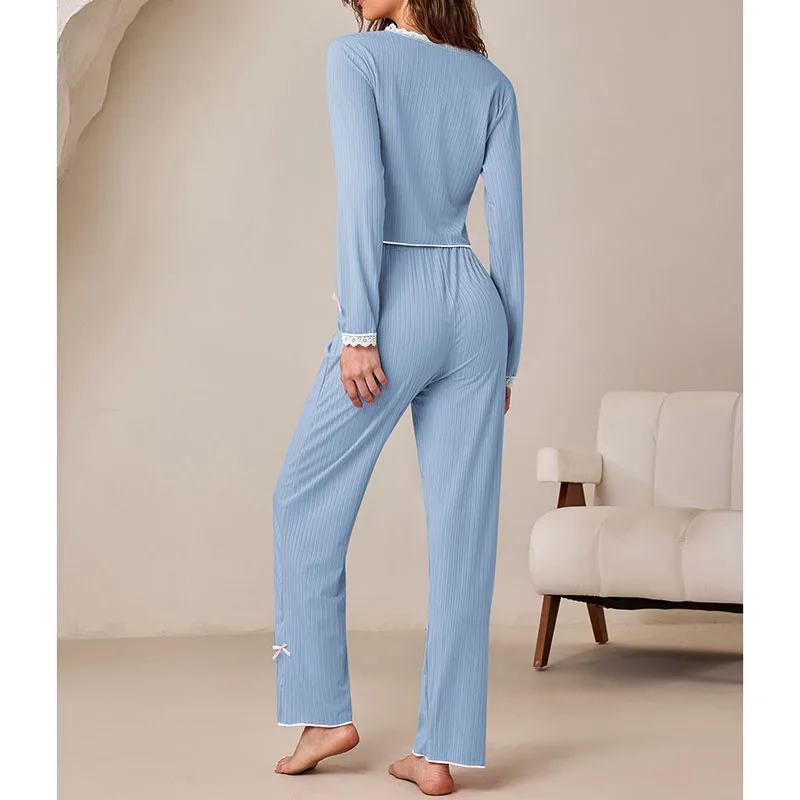 طقم بيجامة نسائي جديد للخريف من الدانتيل مع فيونكة بأكمام طويلة وسراويل طويلة، طقم ملابس منزلية نسائية مكون من قطعتين #6