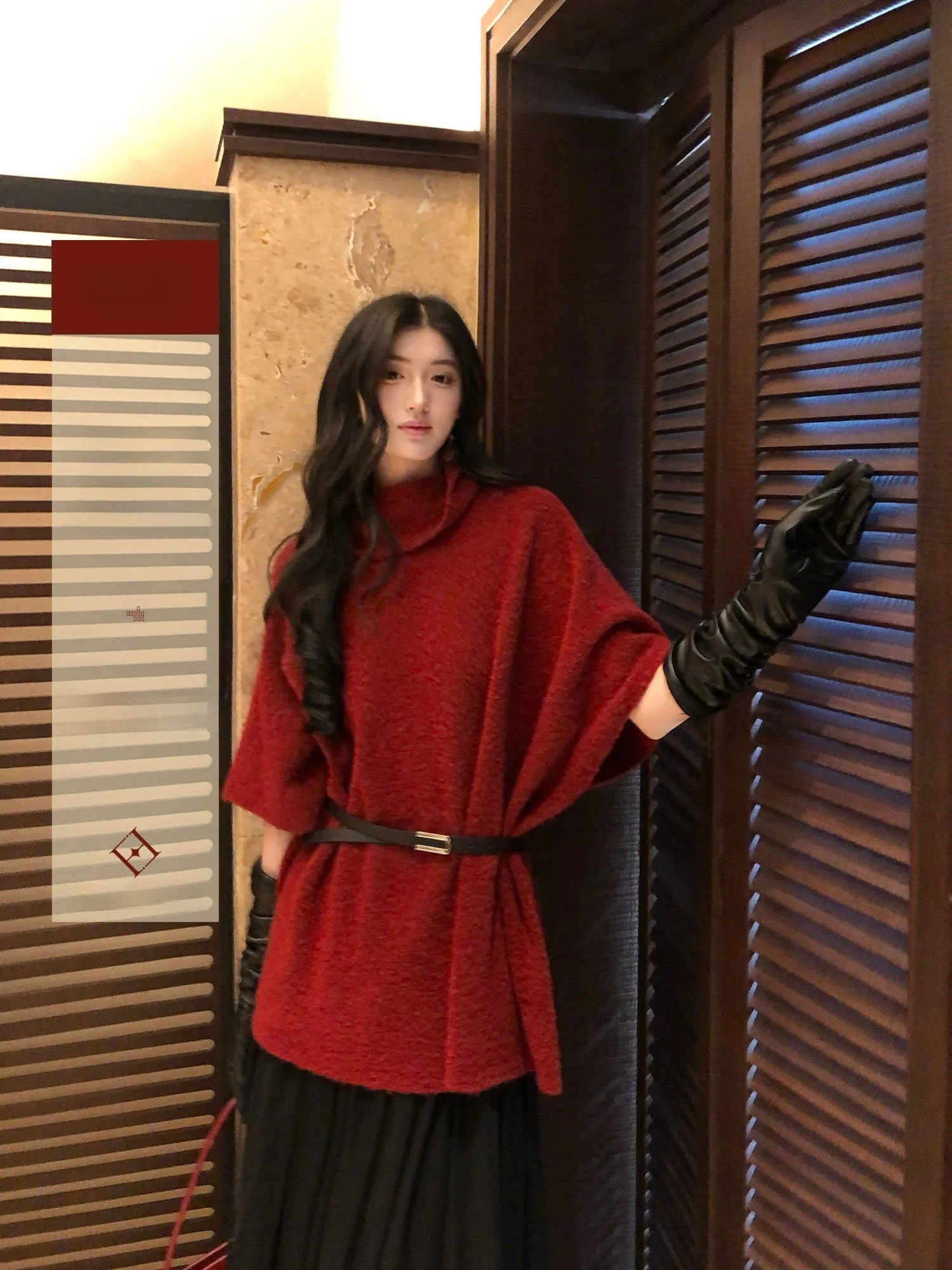 

Красный вязаный свитер с воротником-стойкой для женщин, повседневный, свободного кроя, новогодний, модный, из смесового полиэстера и спандекса, в стиле casual