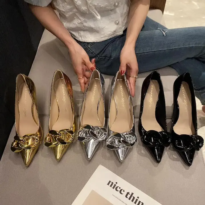 Gold  Heels African Party Shoe and Bag Set 2024 Sandals Ladies Sexy Pump Slip On Pointed Wedge Lace-Up Golden Fine Latest Burgun