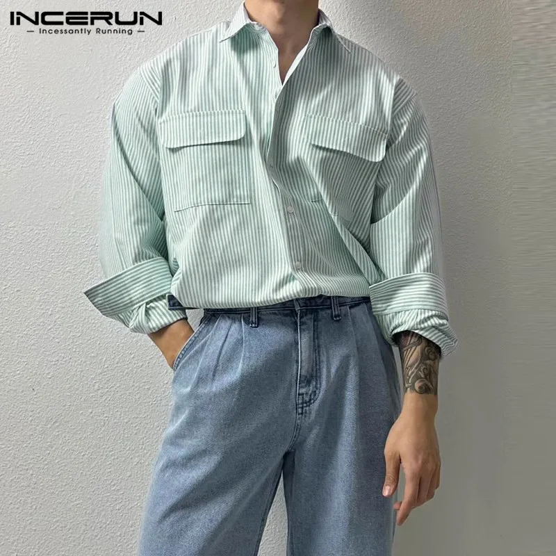 INCERUN Tops 2024 Korean Style Men\'s Double Pocket Design Striped Shirts Fashion All-match Solid Lapel Long Sleeved Blouse S-5XL