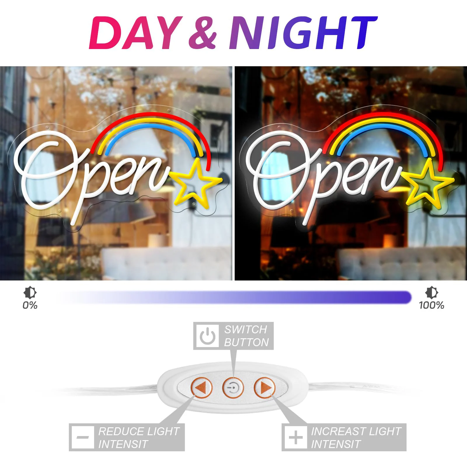 Open LED Neon - Transparent Acrylic Design, USB Powered Dimmable LED Neon, Suitable for Shops, Cafes, Bar Wall Decor