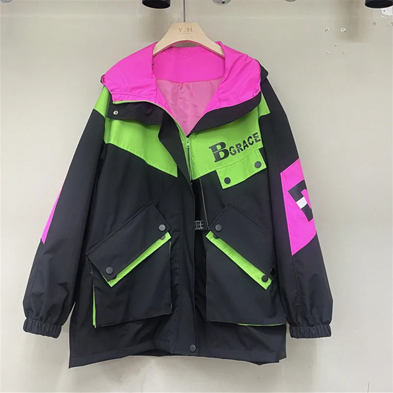 2023 Spring Women Patchwork Jacket Letter Print Hooded Windbreak Coat Big Pocket Fashion Spliced Loose Zipper Jackets Female