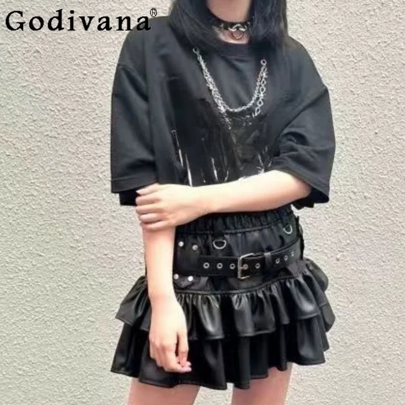 

New High Waist A-line Versatile Subculture Dark Cake Leather Skirt Personalized Punk Girl Belt Y2k Sexy Grey Denim Short Skirts