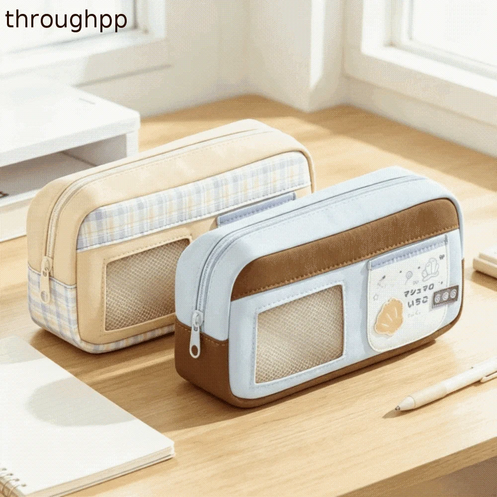 Kawaii Large Capacity Pencil Case Transparent Window Multi-Layer Pencil Bag Color Block Clear Window Stationery Case School