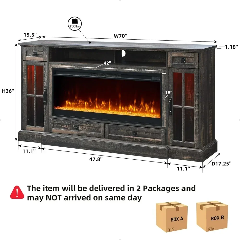 Fireplace TV Stand, Farmhouse Entertainment Center with Fireplace & LED Lights  with Storage Drawers & Cabinets, Fireplace Stand