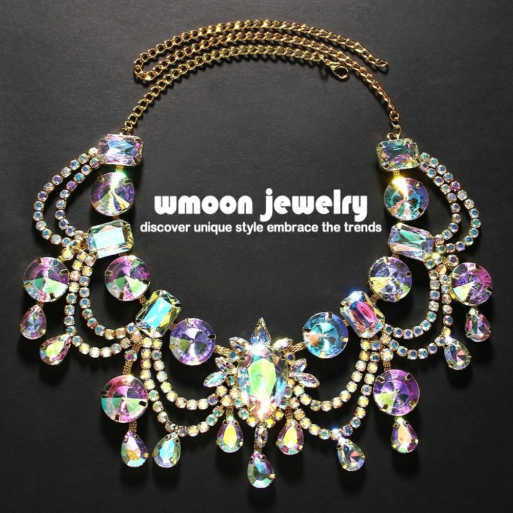 

Water Drop Tassel Crystal Choker Necklace for Women Luxury AB Colour Rhinestone Collar Neck Chain Bridal Wedding Jewelry Gift