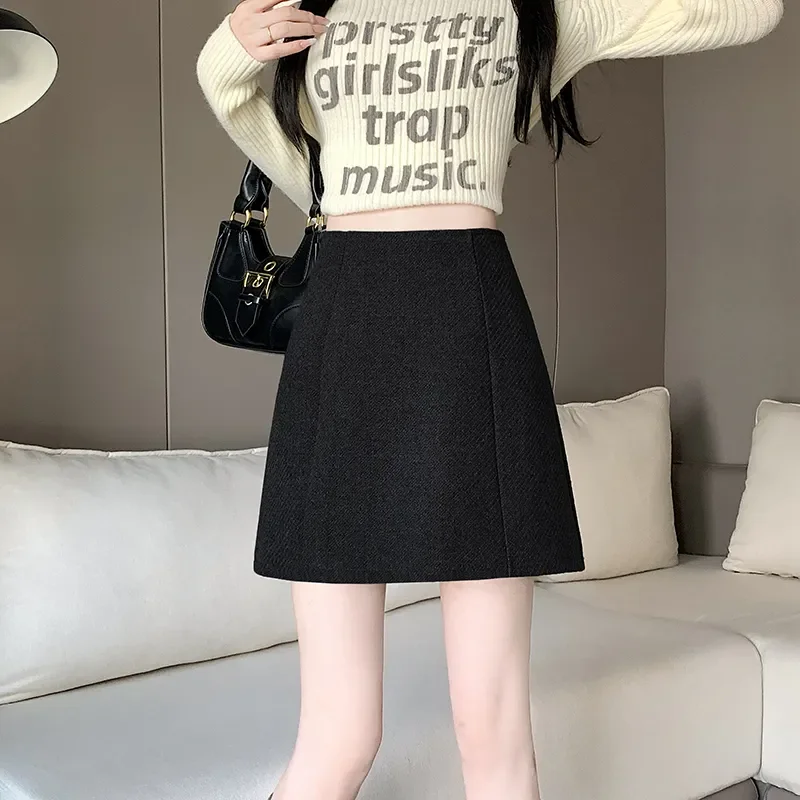 تنورة صوفية للخريف والشتاء، تنورة قصيرة جديدة عالية الخصر وبسيطة وعصرية ومتعددة الاستخدامات