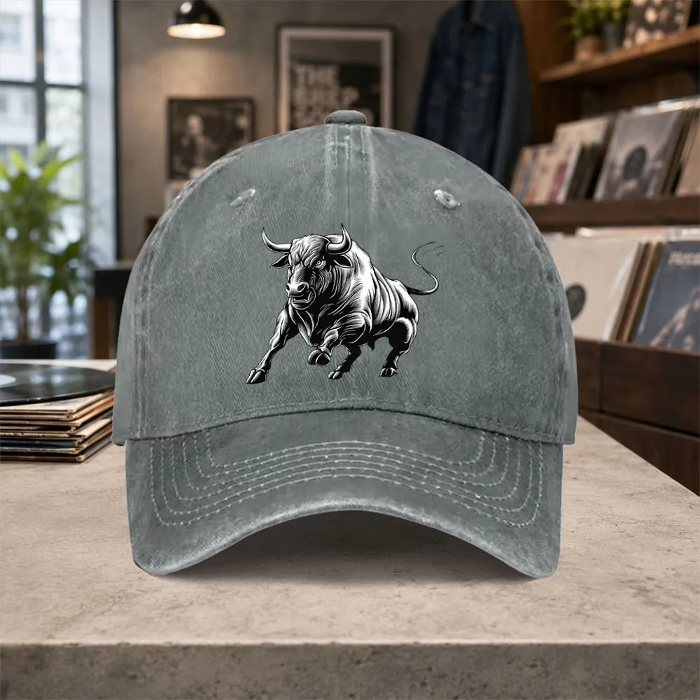 Fierce Bull Print Washed Baseball Cap Unisex Adjustable Retro Casual Hat for Outdoor Daily Wear