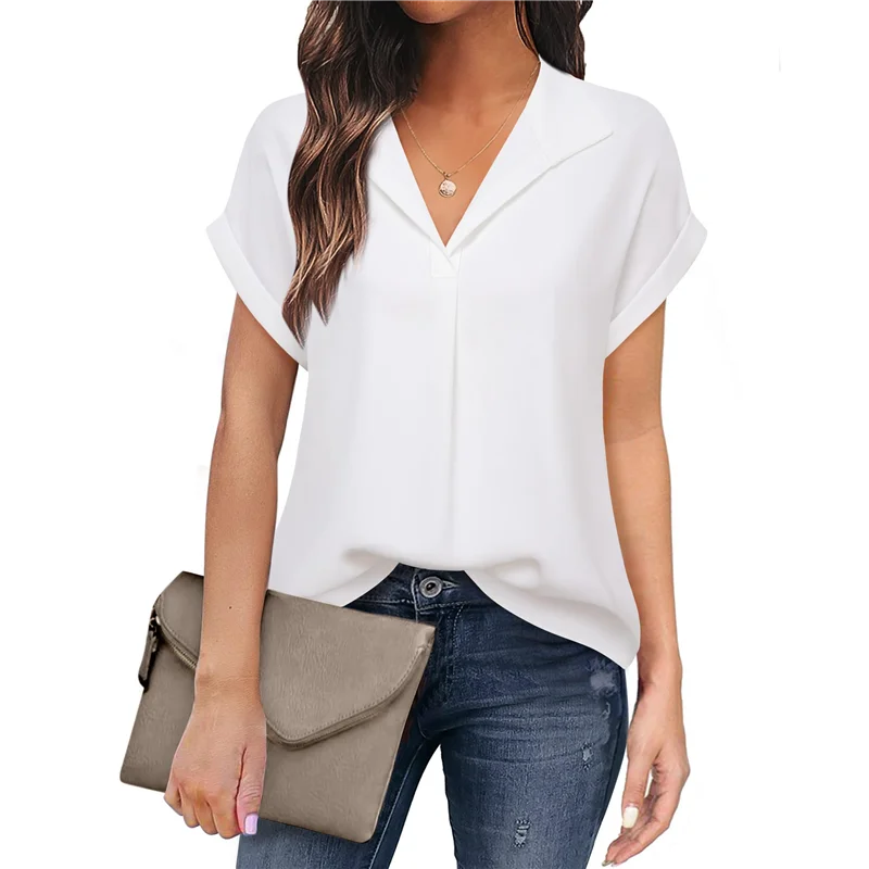 

A83F-Блузка, женские летние топы с короткими рукавами, элегантная деловая рубашка-туника, повседневные блузки с воротником с лацканами