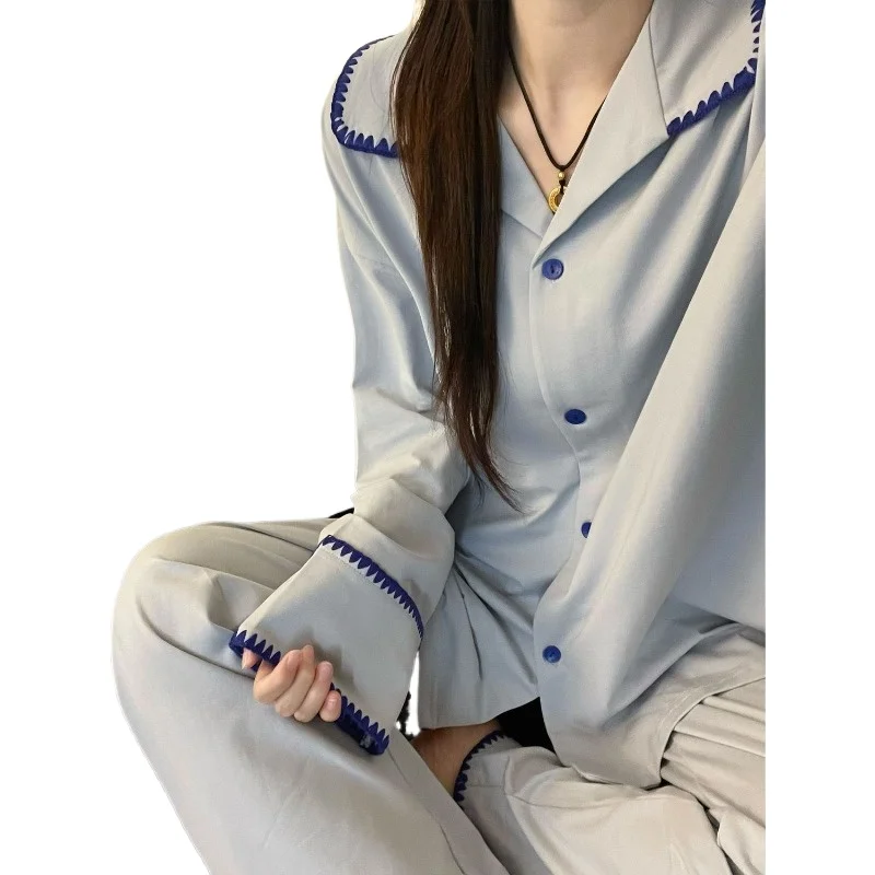

Korean Girl Contrasting Color Long-sleeved Pajamas Women's Spring Autumn New Large-size Casual Cardigan Trousers Loungewear Suit