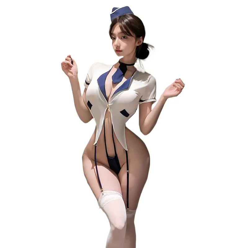 Japanese Sexy Flight Attendant Cosplay Costume Hollow Out Erotic Lingerie for W…