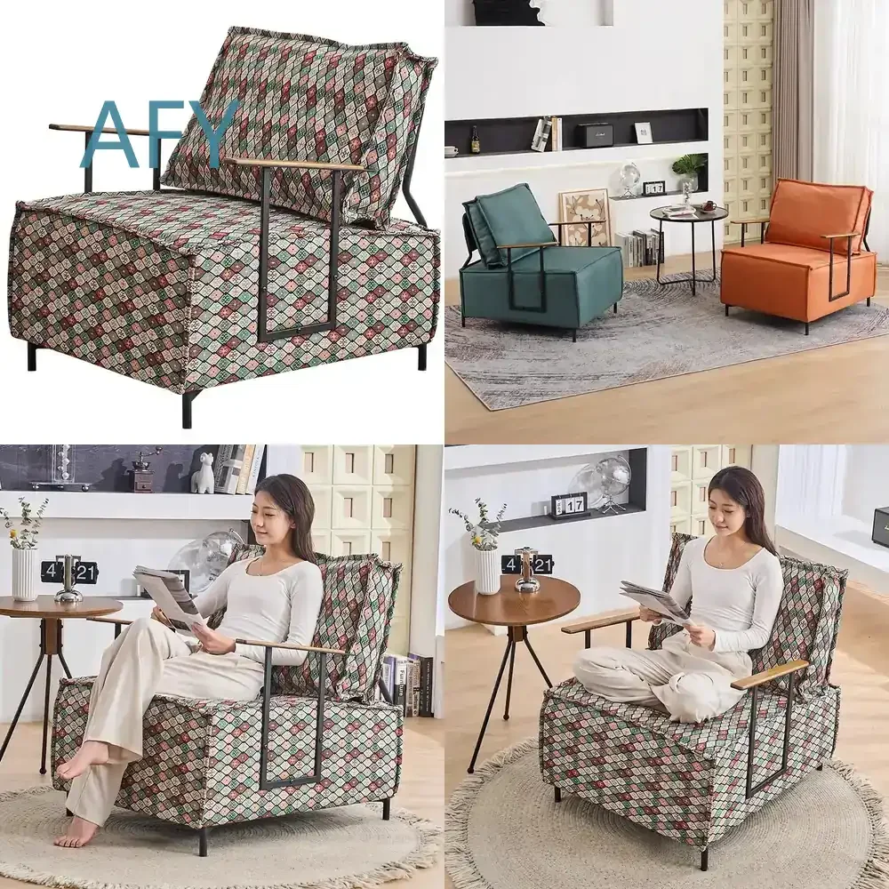 Gothic Window Plaid Cotton Linen Living Room Single Sofa for Home Leisure Wrought Iron Leg Sofa for Modern Apartment Decor