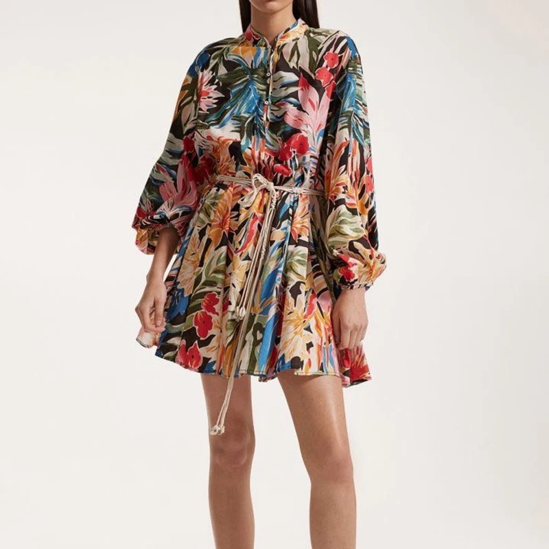 Women Fashion Stand Collar Pleat Loose Short Dress Elegant Hight Waist Lace-Up A-Line Dress Vintage Geometric Pattern Mini Dress