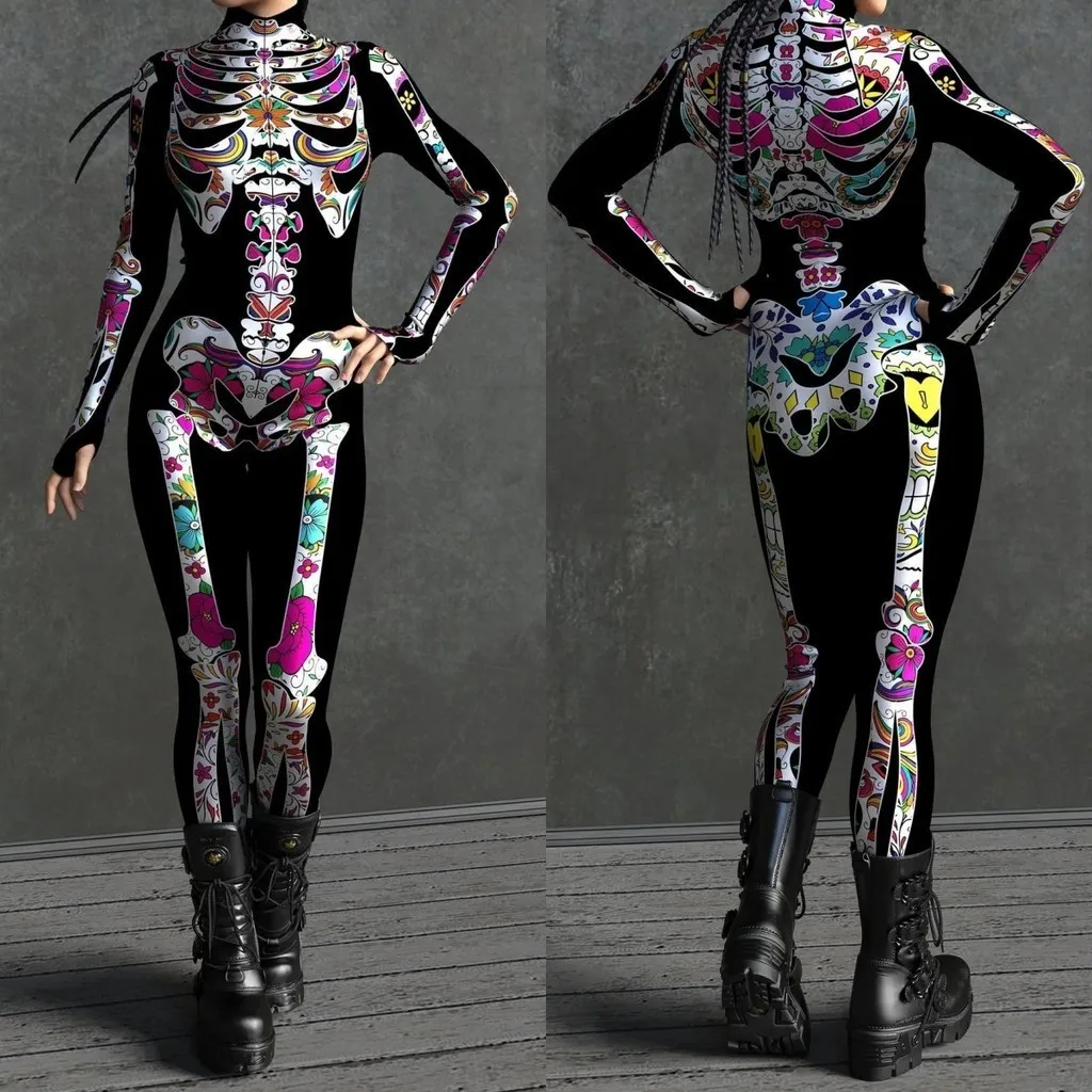 

Unisex Skull Flowers 3D Digital Printing Halloween Party Role Play Outfit Women Men Cosplay Costume Carnival Jumpsuit