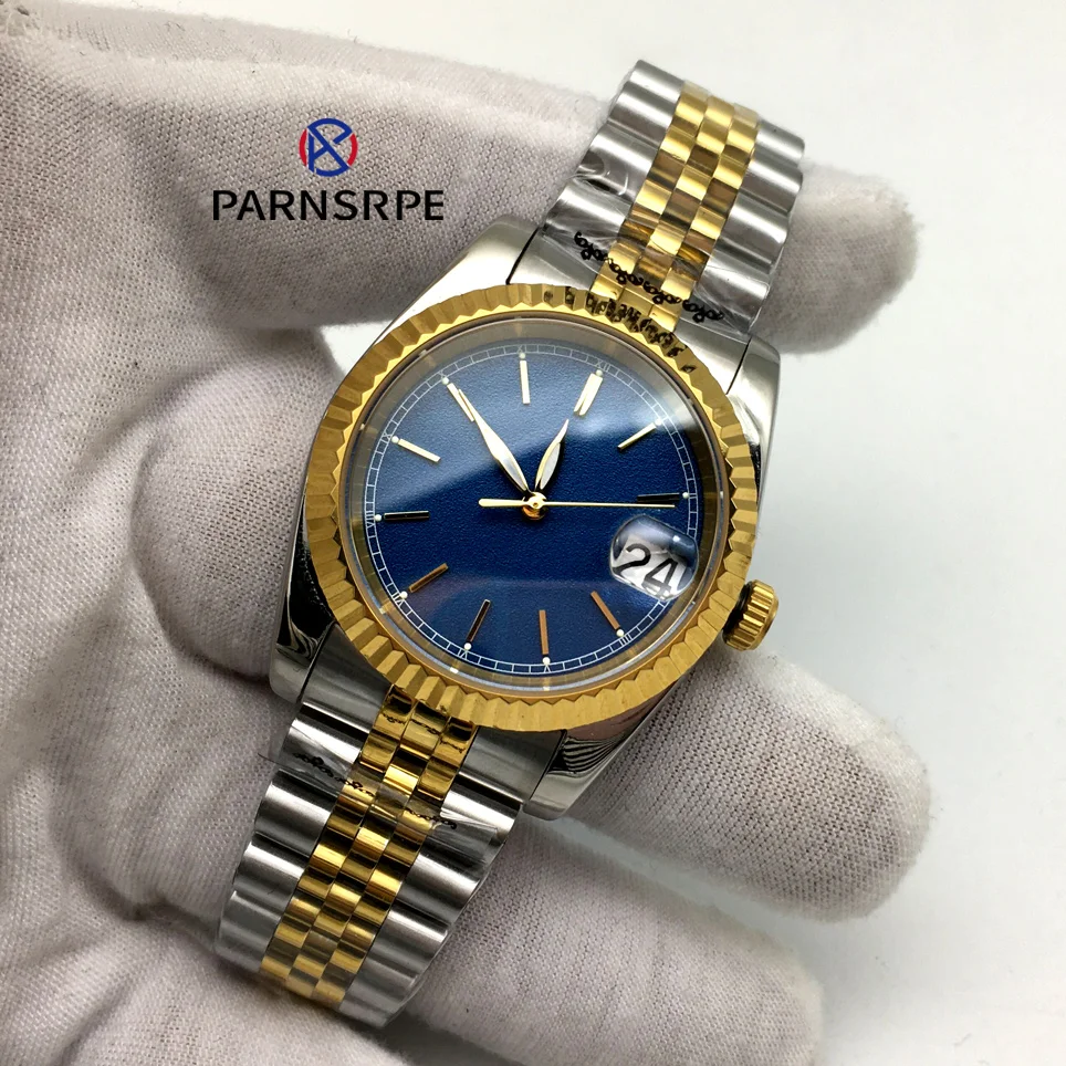 

36MM Aseptic True Nail Blue Dial Men's Automatic Mechanical Watch NH36A Movement Stainless Steel Gold Watch Sapphire Mirror