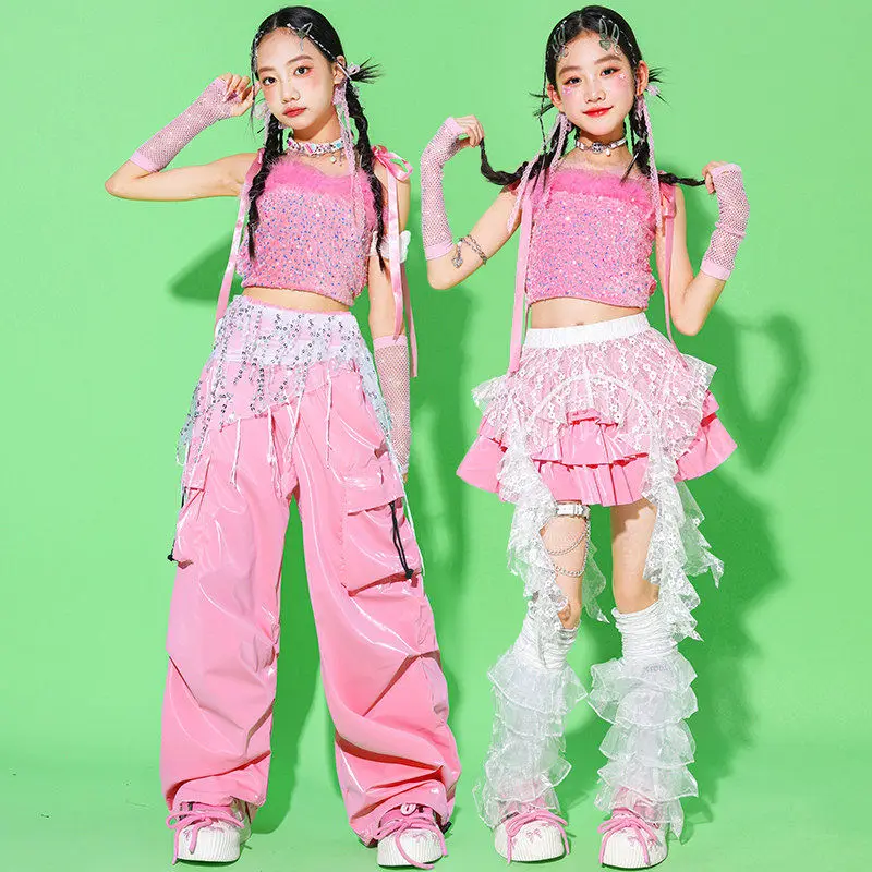 

Костюм для джазовых танцев для девочек 2026: Модный розовый сценический наряд K-pop для выступлений, топ с пайетками, свободные брюки, юбка-тортик 3524