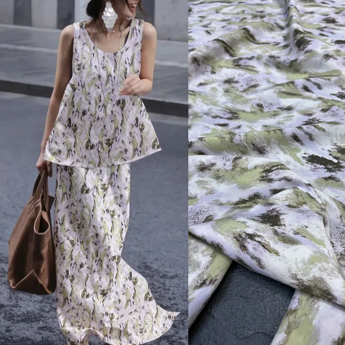 

Light Green Willow Leaf Floral Print Silk Stretch Crepe De Chine Fabric Mulberry Silk Material for Dresses 140cm wide blouse