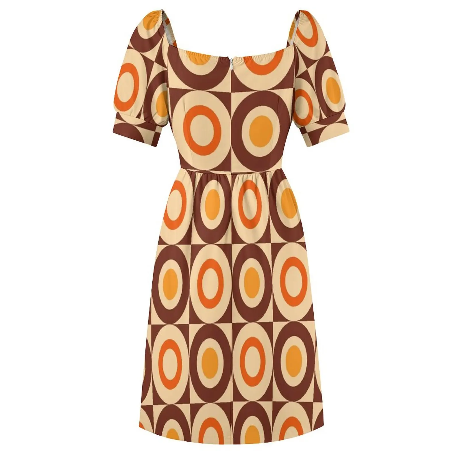 70s Retro Vintage Style Geometric Design Brown Orange Yellow and Beige Short Sleeved Dress dresses for woman 2025 Dress