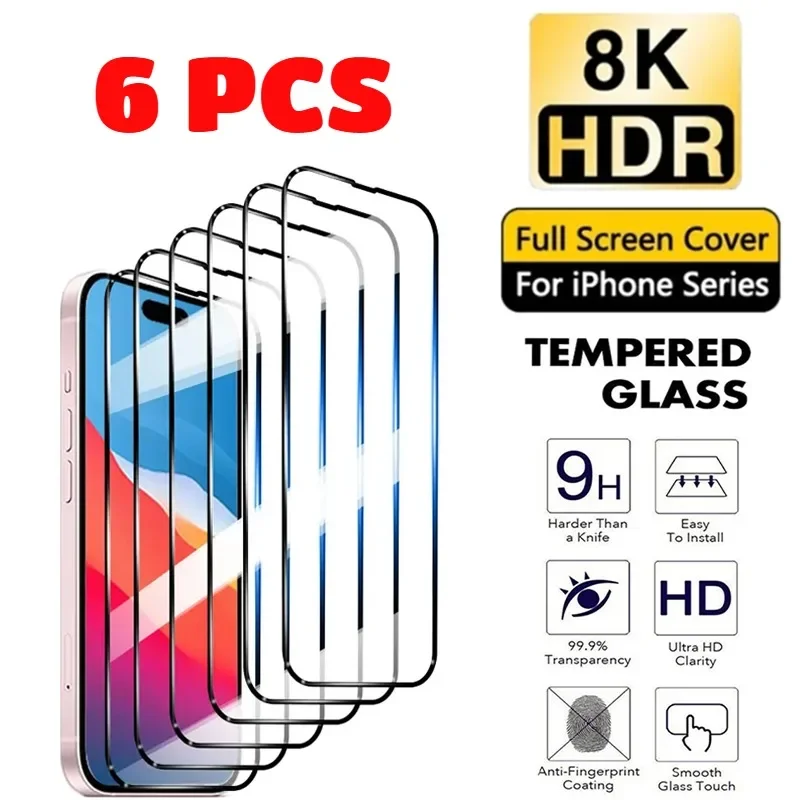 6-1Pcs Tempered Glass Screen Protector for iPhone 17/16/15/14/13/12/11 pro XR XS Max 7 8 plus Compatible with Multiple Models
