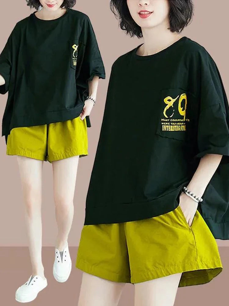 

100% Pure Cotton Sportswear Set Women Summer 2026 Loose Korean Fashion Casual Short Sleeve T-Shirt Shorts Two-Piece Set