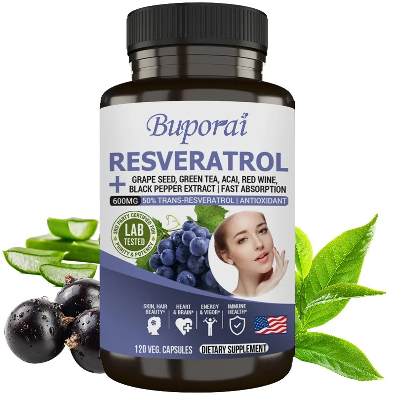 Resveratrol Capsules - Antioxidant, Anti-aging, Support Heart, Joint and Brain Function Health, Boosts Immunity, Non-GMO