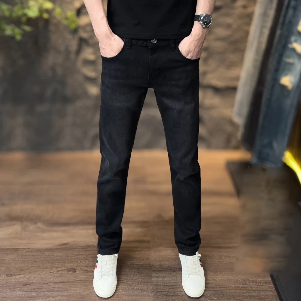 

Bla Fce Lined Slim Fit Men's Jeans Casual Versatile High Waist Zipper Closure Winter Resistant Iron Free