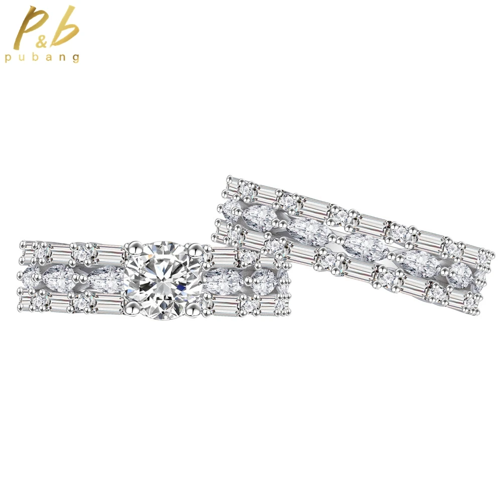 

PuBang Fine Jewelry 925 Sterling Silver Created Moissanite Diamond Sparkling Band Rings Set for Women Wedding Gift Free Shipping