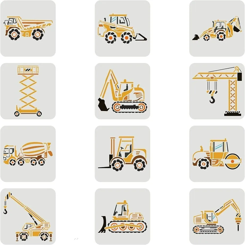 12 Pcs Construction Vehicle Stencils 7.9x7.9 inch Reusable Truck Stencils Plastic Forklifts Excavators Cranes Mixers Pattern