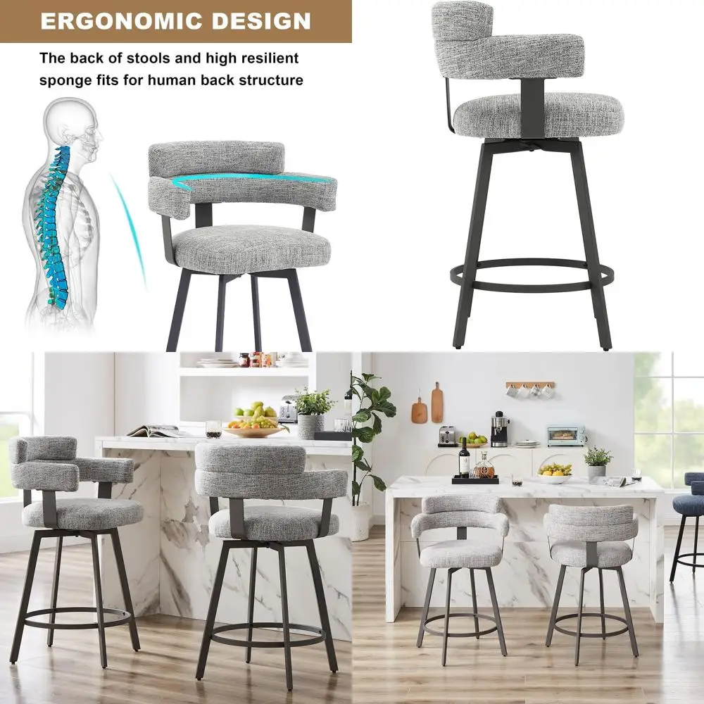 

Набор из 2 вращающихся барных стульев с льняной обивкой спинки, металлической подставкой для ног, для кухонного острова, столовой, серый, 24 дюйма