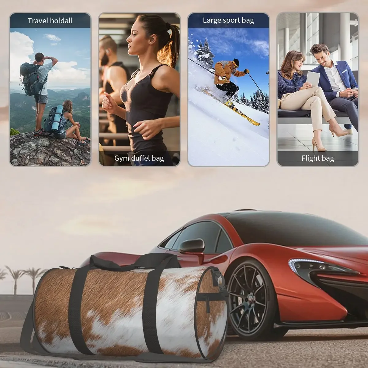 أنيق البقرة الفراء جلد البقر الملمس جلد البقر طباعة نمط كبير واق من المطر حقيبة قاعة رياضة متعددة الوظائف حقائب السفر حقائب اللياقة البدنية