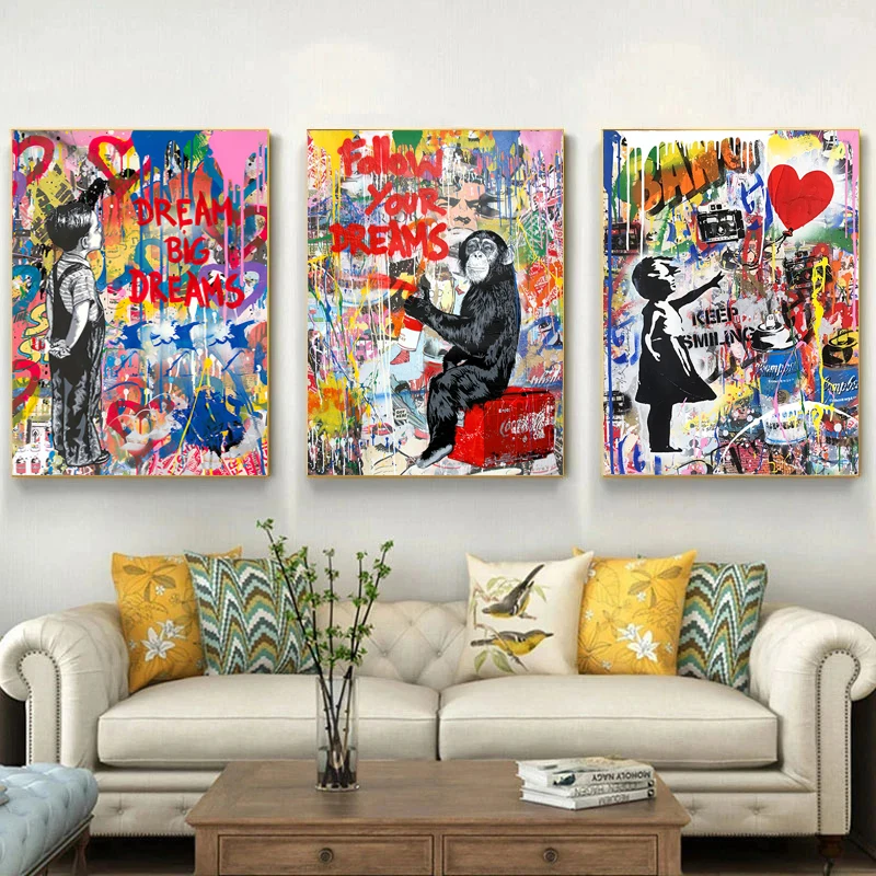 Banksy Dream Big Dreams Boy Graffiti Painting Canvas Print Street Pop Art Posters Prints Wall Picture Living Room Home Decor