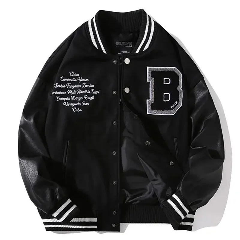 

Spring Fall Stitching Leather Sleeve Bomber Jacket Letter Embroidered Black Baseball Uniform Men Women Couple Casual Streetwear