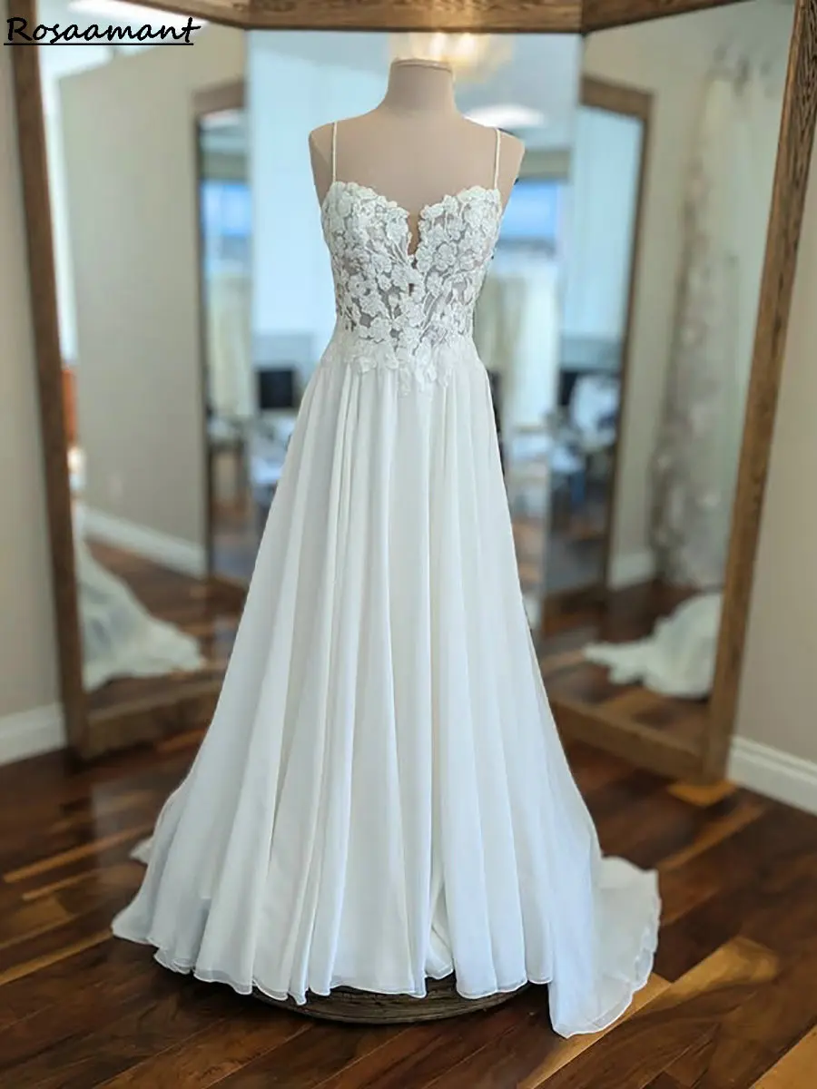 

Chiffon Illusion Spaghetti Straps A-Line Wedding Dresses Sleeveless Appliques Lace Country Bridal Gowns