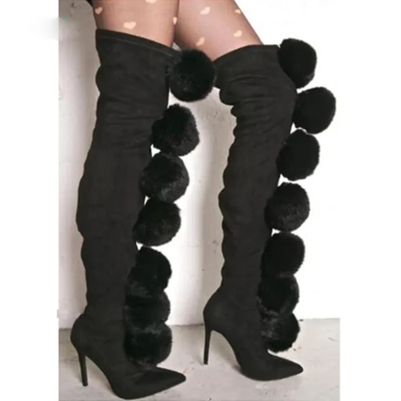 Botas de pelo rosa dulce para mujer, Botas por encima de la rodilla con pompón, Botas de ante elásticas, Botas sexis de tacón alto con punta puntiaguda