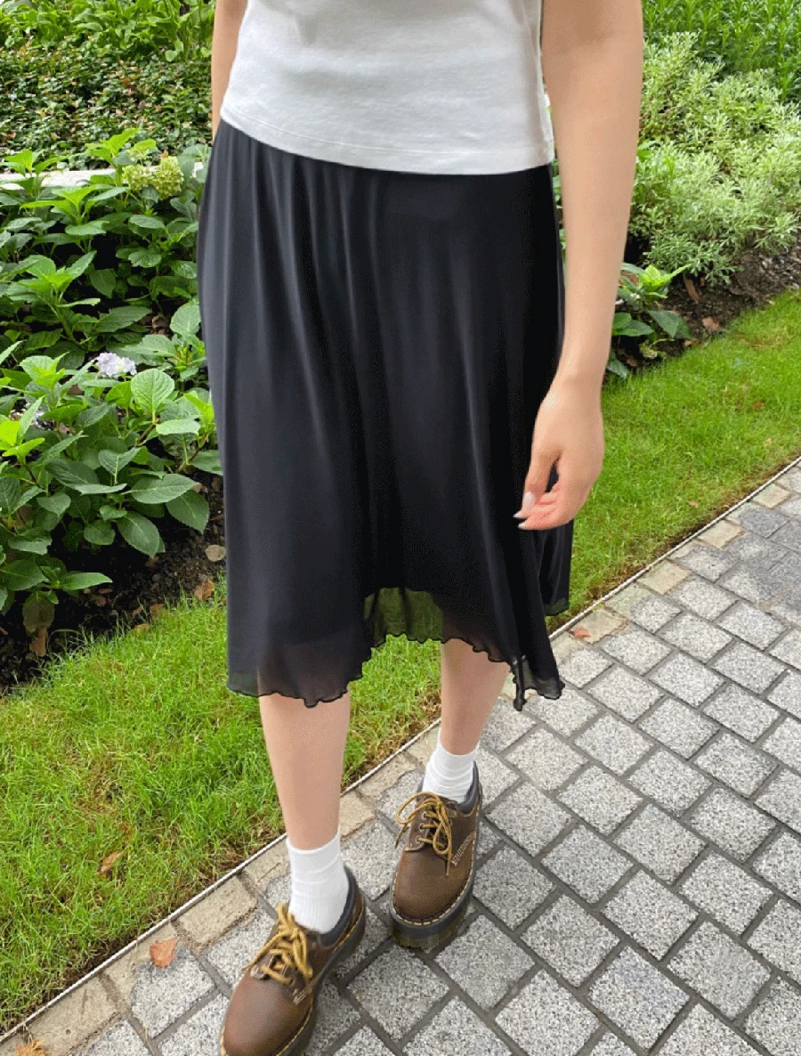 

Ruffles Hem Black Mesh Skirts Summer New High Waist A-line Knee Length Skirt Woman's Sweet Preppy Style Solid All-match Faldas﻿