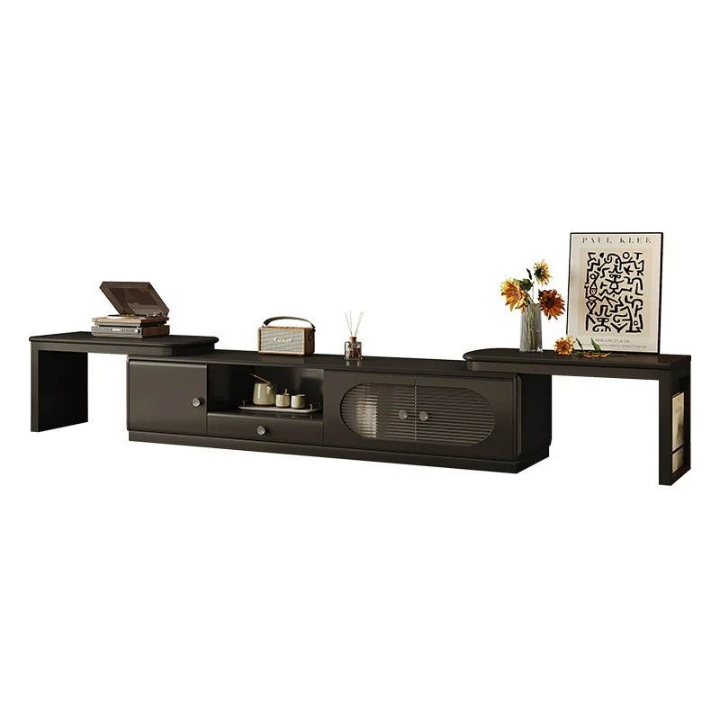 

TV cabinet modern simple living room household black storage integrated solid wood