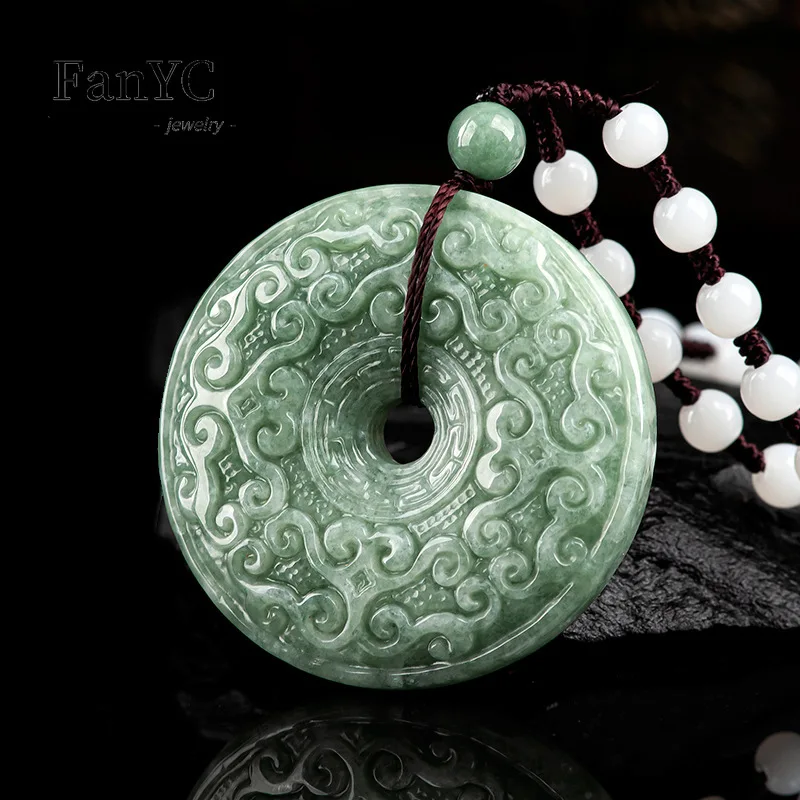 Myanmar Jadeite Bean Green Antique Ruyi Pattern Amulet Pendant Hand-carved Exquisite Luxury Jade Necklace Men Women Holiday Gift