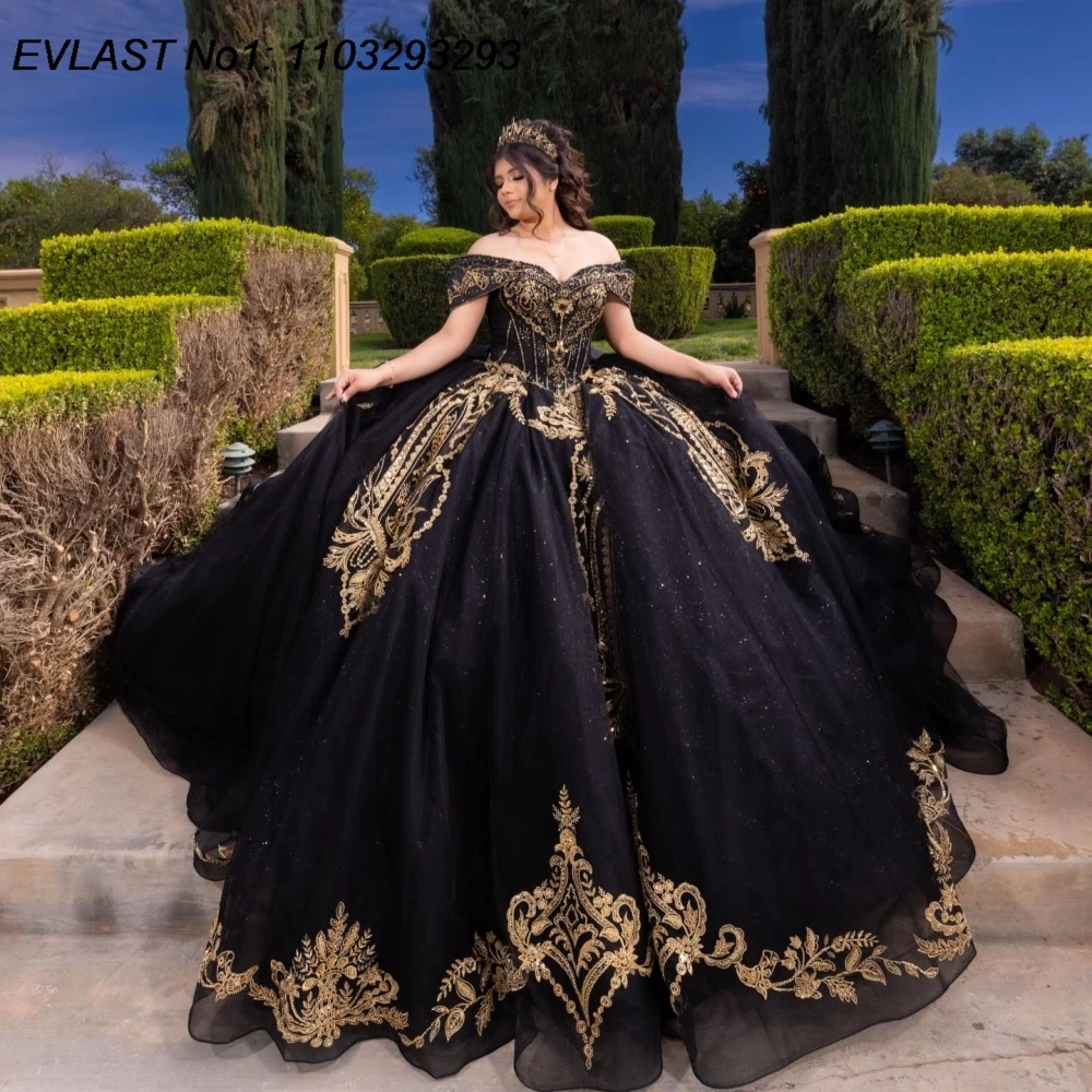

Индивидуальное черное платье EVLAST для Quinceanera с блестками, бальное платье с золотым кружевом, аппликациями, бисером и бантом, для Sweet 16, Vestidos De 15 Anos AQ200