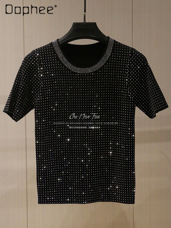 

2025 Summer New Heavy Industry Full Hot Diamonds Temperament Knitted Short-sleeved T-shirt Round Neck Versatile Short Casual Top