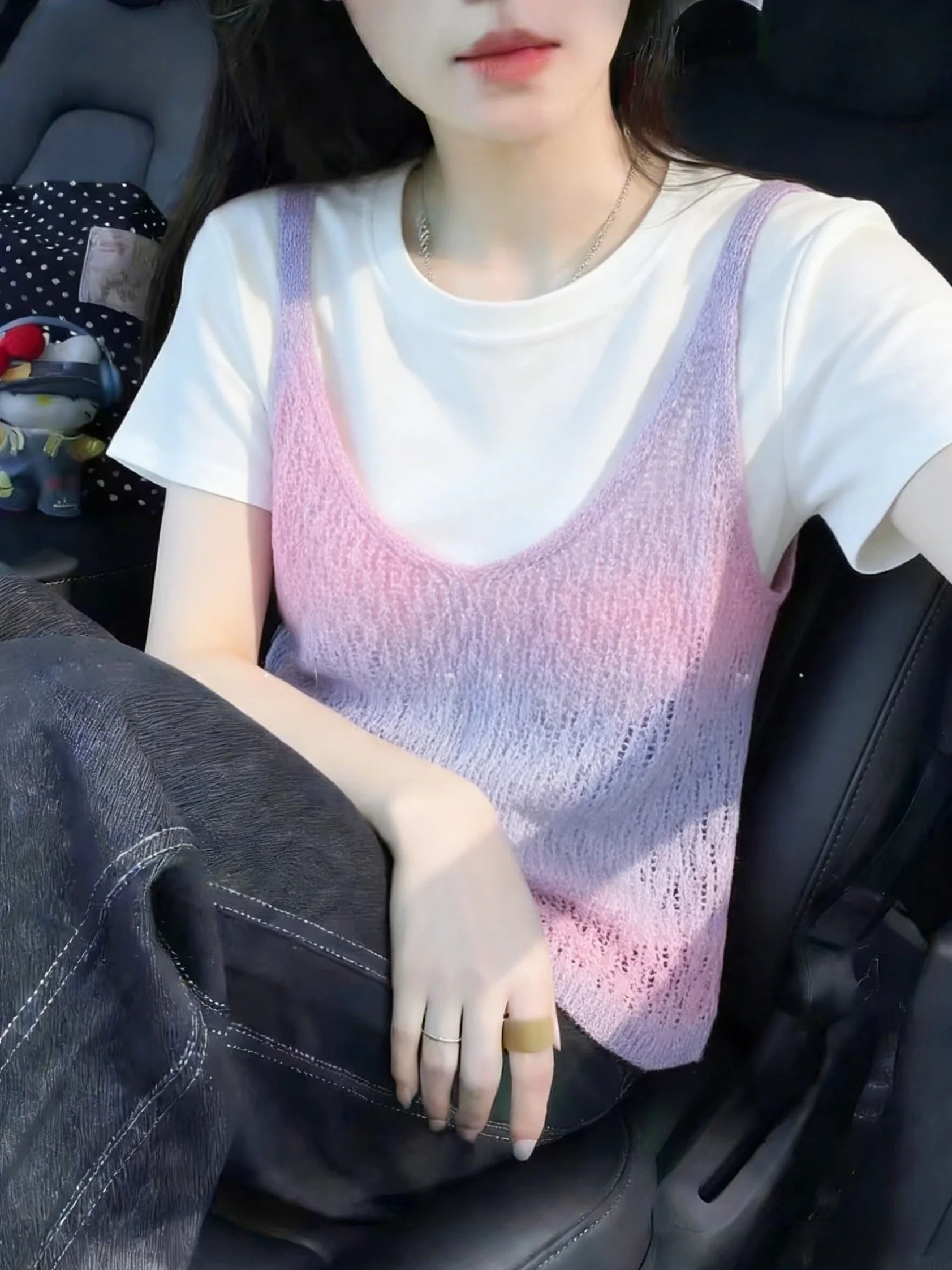 

Spring 2026 New Purple Hollow out Knitted ort Sve V-Ne Women's T-irt Faion Set Casual Commute Sle Silk Top