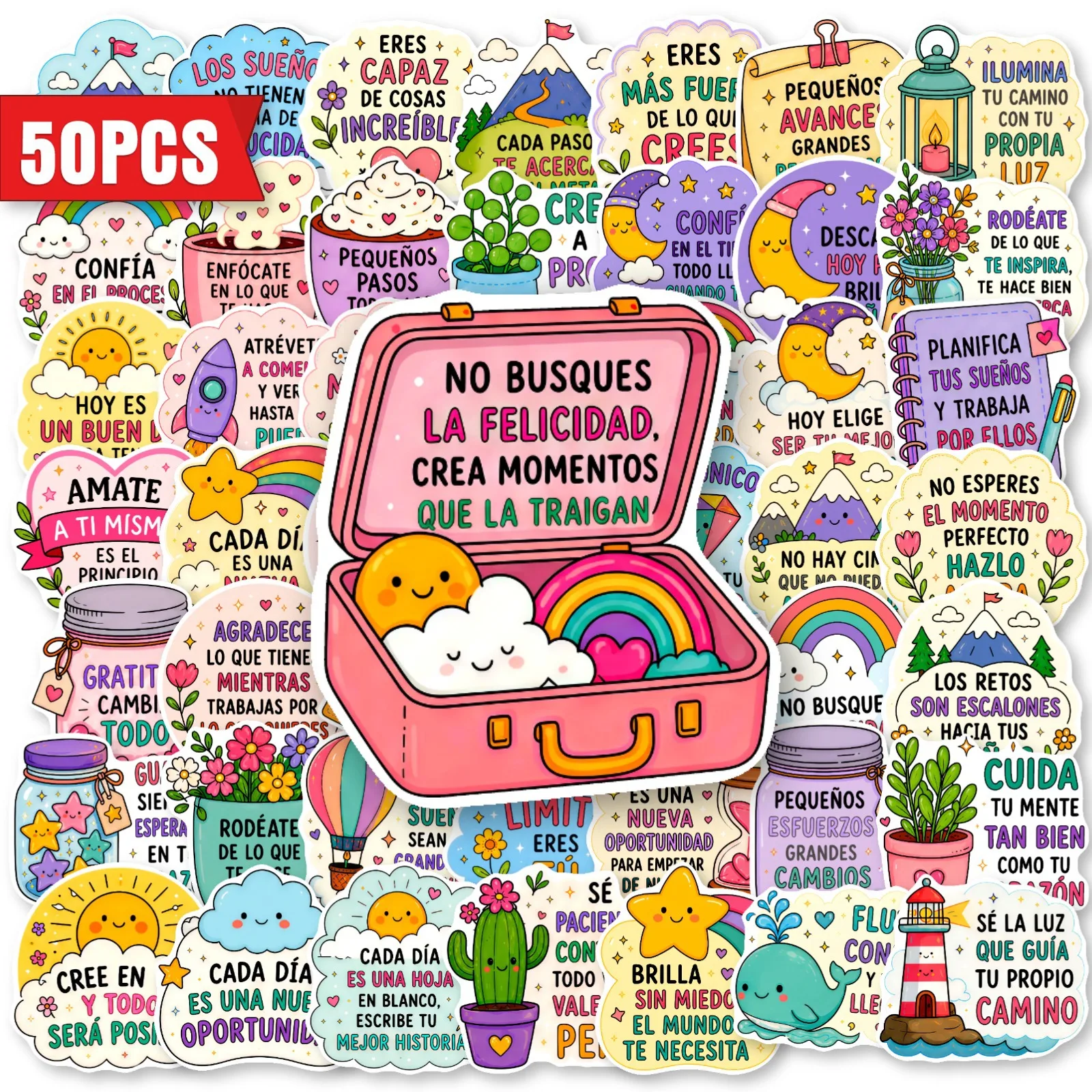 50 PCS Spanish Inspirational Text Colorful Fun Stickers Pack Student Hand Account Material Diary Desk Waterproof Decorate Decals