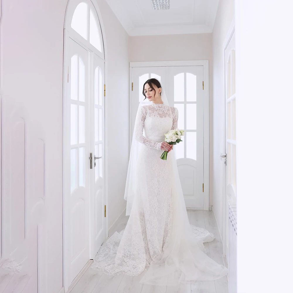 

Luxury Lace Wedding Dress Customized Long Sleeves High Neck Sweep Train Mermaid Muslim Bridal Gown Robe De Mariee Bride Dresses